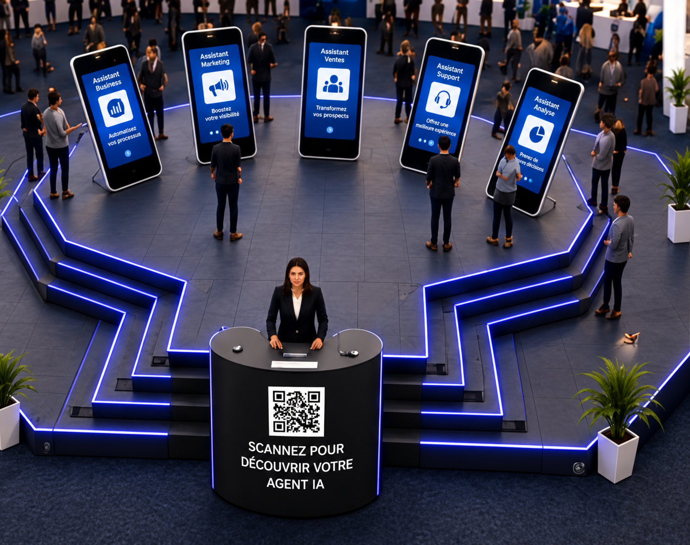 Vue rapprochée de l'AI Live Clinic : estrade centrale et stations d'agents IA